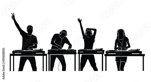 Silhouette of four dynamic disc jockeys actively mixing music on turntables during an energetic electronic dance event or nightclub performance featuring male and female artists.