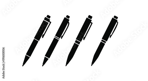 Four stylized black ink ballpoint pen icons displayed diagonally against a clean white background representing essential writing instruments for school or office tasks.