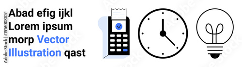 Time management, innovation, business operations, productivity, creative ideas, efficient systems. Clock, lightbulb and receipt machine icon in minimalist design. Time management and innovation