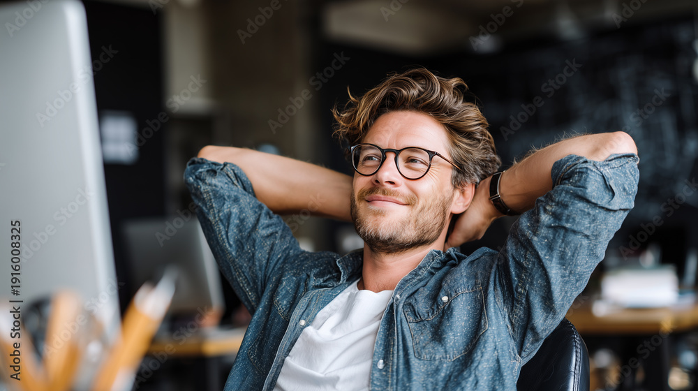 Obraz premium Man relaxing in office chair with hands behind head during work hours