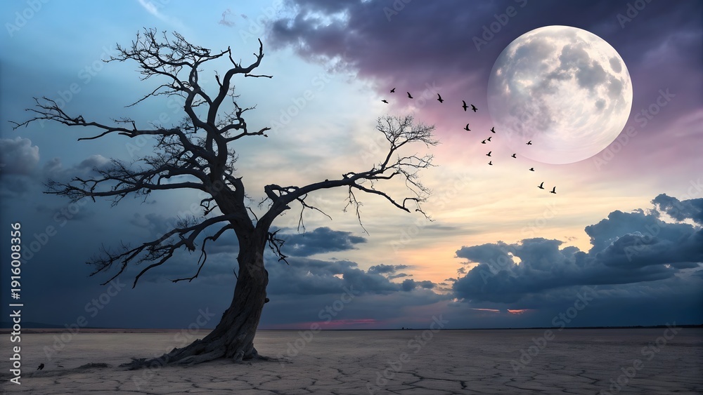 Fototapeta premium Solitary Gnarled Tree Silhouette Against Full Moon and Dramatic Sunset Sky with Flying Birds