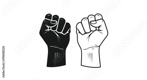 A powerful graphic illustration contrasting a solid black raised fist design next to an outline style raised fist symbolizing unity resistance and collective strength for social movements.