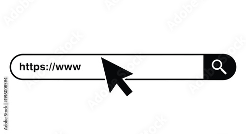 Simple black and white graphic illustration depicting a standard web browser address bar or search field element with an active cursor pointing toward the input area ready for user interaction.