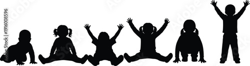 Collection of kids silhouettes sitting, crawling and celebrating with raised hands isolated on white background