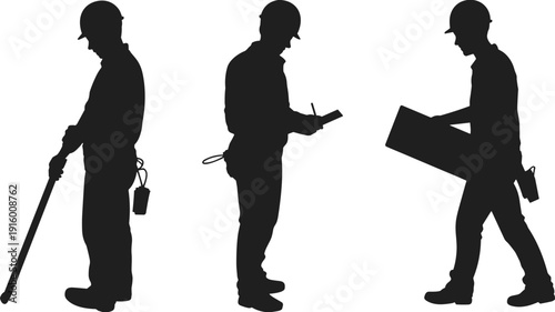 Construction engineer silhouettes set, workers holding tools and reading plans, professional site labor collection isolated on white