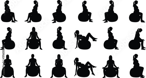 Collection of pregnant woman silhouettes sitting on fitness ball in various prenatal exercise poses isolated on white