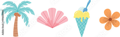 Summer beach icons set with palm tree, seashell, ice cream and tropical flower flat illustration