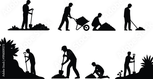 Gardener silhouettes set, workers digging planting and moving soil, outdoor landscaping collection isolated on white