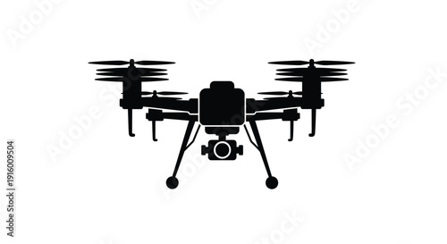 Silhouette illustration of a professional quadcopter drone equipped with a mounted camera system floating isolated against a clean white background signifying aerial technology.