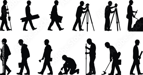 Surveyor and construction worker silhouettes set, engineers measuring land and working on site, professional collection isolated on white