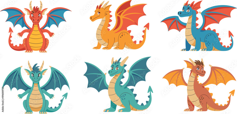 Obraz premium Cute cartoon dragon set in different colors, fantasy baby dragon characters with wings, smiling magical creatures collection isolated on white background vector illustration.