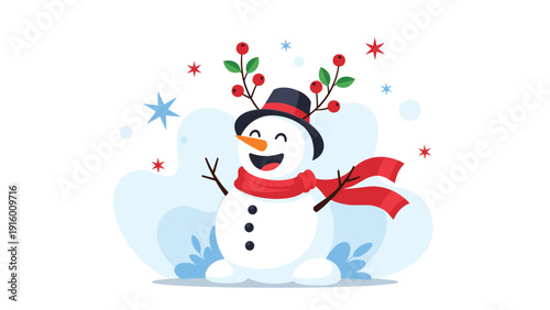 Cheerful snowman wearing a black hat with berry antlers and a red scarf in a winter background with stars.