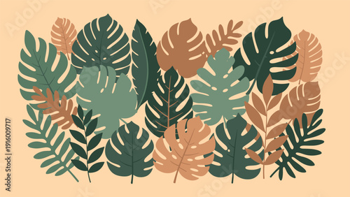 Lush composition of various tropical monstera and palm leaves in different shades of green and brown on a tan base.