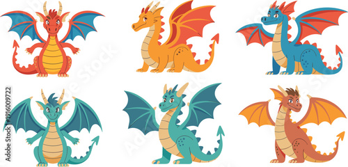 Cute cartoon dragon set in different colors, fantasy baby dragon characters with wings, smiling magical creatures collection isolated on white background vector illustration.