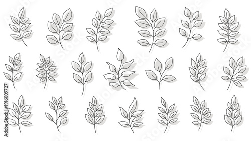 Grid of several minimalist branch and leaf line drawings with subtle grey shadows on a plain white background.