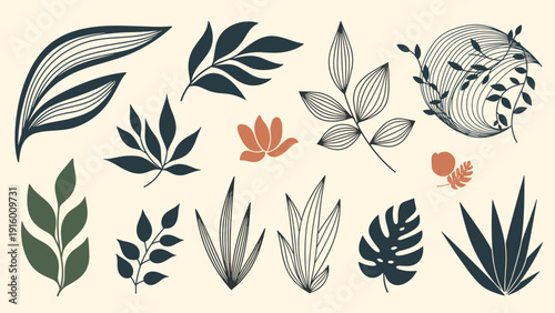 Assortment of stylized plant and leaf illustrations in deep blue, green, and orange tones on a cream background.