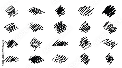 Diverse collection of messy black pen scribbles and chaotic ink doodles arranged in a clean grid pattern on a white backdrop.