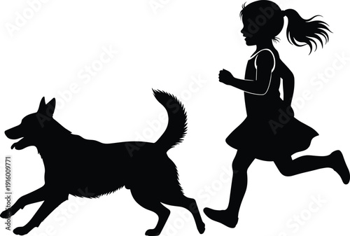 Black vector silhouette illustration of a young girl in a dress running happily with her dog on white background for childhood play design.