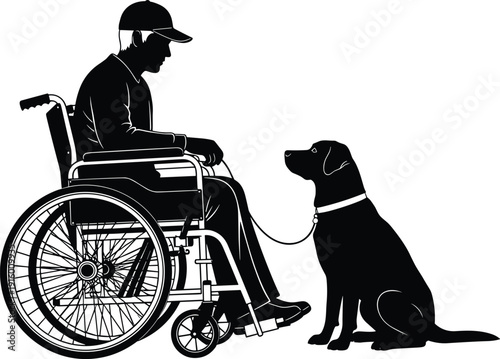Black and white silhouette of a disabled man in a wheelchair with his loyal service dog lab looking up at him for support
