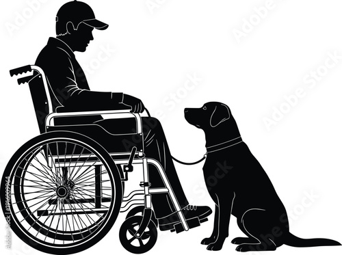 Black and white silhouette of a man in a wheelchair with his faithful service dog representing disability awareness accessibility companionship and assistant animal support