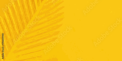 A vibrant yellow background featuring a partial palm leaf silhouette