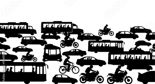 Silhouettes of various vehicles depicting urban transportation and city traffic.