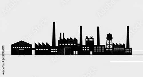 Silhouette of a large industrial factory complex with many chimneys.