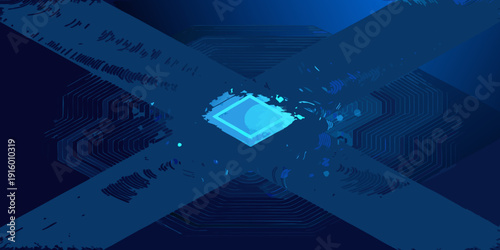 Abstract blue geometric background with a central glowing square element