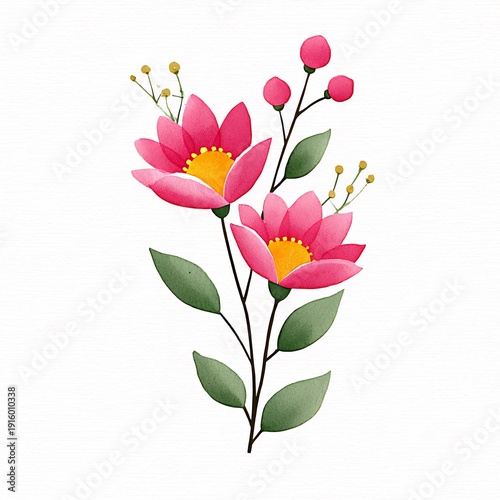 Wallpaper Mural Delicate Pink Watercolor Flower Illustration with Green Leaves Torontodigital.ca