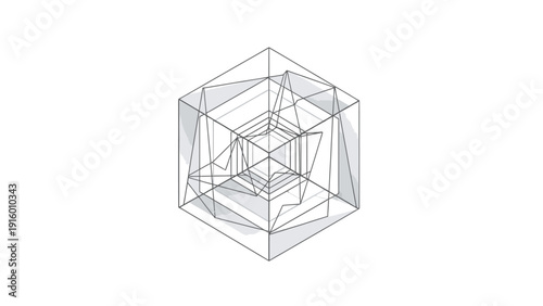 Wireframe 3D cube model with geometric lines and transparent surfaces on a white background.