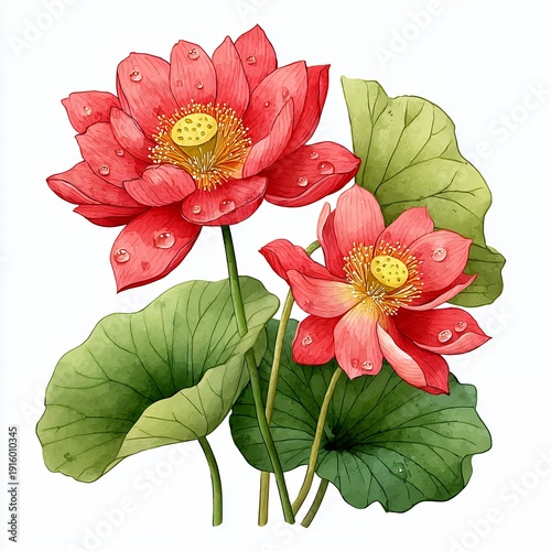 Wallpaper Mural Delicate Watercolor Painting of Red Lotus Flowers with Dew Drops Torontodigital.ca