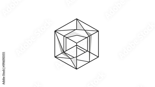 Line drawing of a geometric cube with multiple connected triangular faces on a white background.