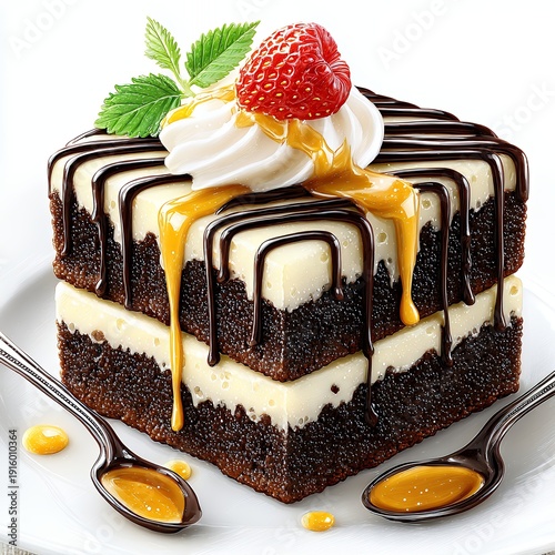 Wallpaper Mural Delicious Two Layered Chocolate Brownie Cake with Caramel and Raspberry Torontodigital.ca