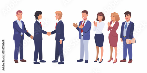 A group of business professionals shaking hands and applauding a deal