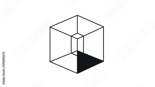 Monochrome line drawing of a 3D cube with one shaded corner on a white background in a minimalist style.