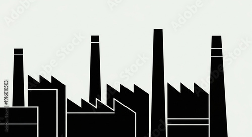 Silhouette of industrial factory buildings with smokestacks.