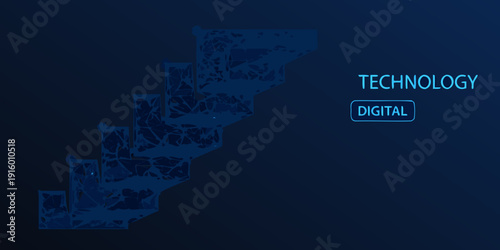 Abstract staircase formed by digital blocks with technology and digital text