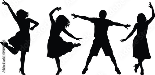 Energetic dancing silhouettes of men and women performing dynamic moves isolated on white background