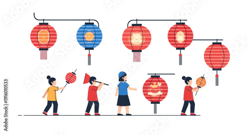 Japanese festival with lanterns and people in traditional clothing