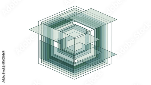 Geometric illustration of multiple transparent green cubes with varying sizes and opacity, forming a 3D layered effect on a white background.