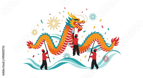 A vibrant illustration of a traditional chinese dragon dance during celebrations