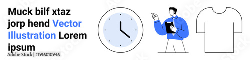 Time management, workplace organization, apparel design, business planning, guidance, and simplicity. A clock, a professional figure and a basic shirt outline. Time management and workplace