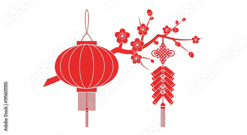 Chinese new year decorations featuring lanterns oranges and blossoming branches