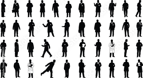 Large collection of doctor and businessman silhouettes in various professional poses isolated on white background