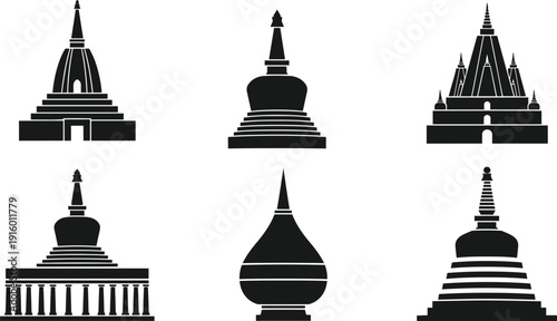 Buddhist stupa and pagoda vector icon set, black silhouette Asian temple architecture collection isolated on white background religious landmark symbols