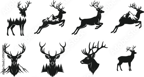 Deer and stag silhouette set with forest and mountain landscape elements, jumping buck vector illustration collection, wildlife nature logo design