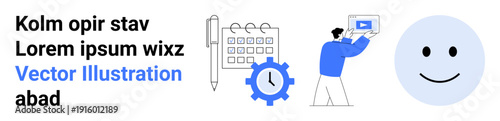 Illustrated calendar with pen, gear, smiling face, and man presenting video content. Ideal for project planning, teamwork, scheduling, productivity, education motivation simple landing page