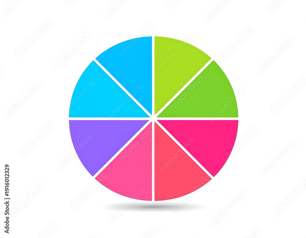 Obraz premium A vibrant pie chart divided into eight segments, each displaying a different bright color on a white background