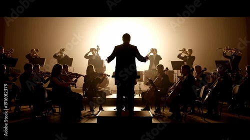 Orchestra conductor leading musicians in a dramatic performance with bright backlight.