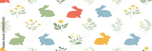 Cute pastel bunny and wildflower spring pattern illustration